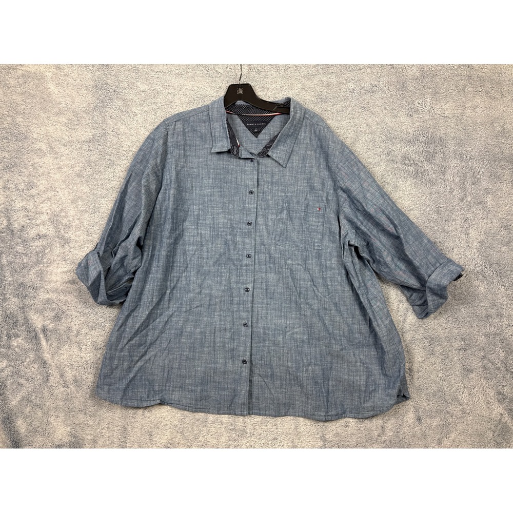 Tommy Hilfiger Womens 2X Blue Chambray Button Down Roll Tab Shirt